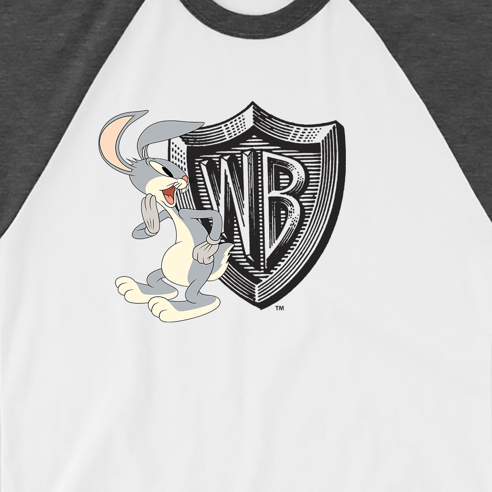WB 100 Classic Hollywood Era Poster Shield with Bugs Bunny Raglan T-Shirt